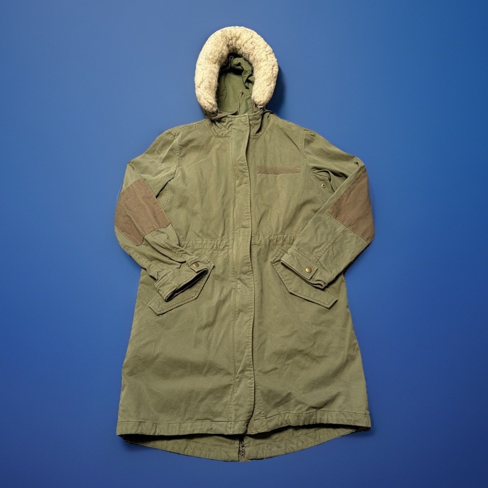VTG Y2K GAP‎ Military Parka Jacket Womens Size L Olive Green Faux Fur Hooded